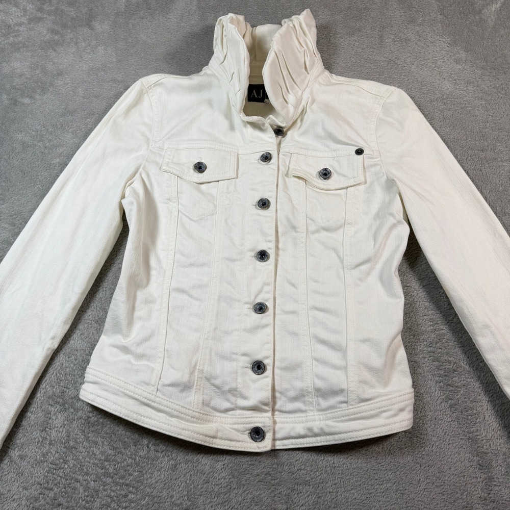 Armani Jeans Denim Jacket Women Size 6 Ivory Ruffle‎ Collar Structured Button Up